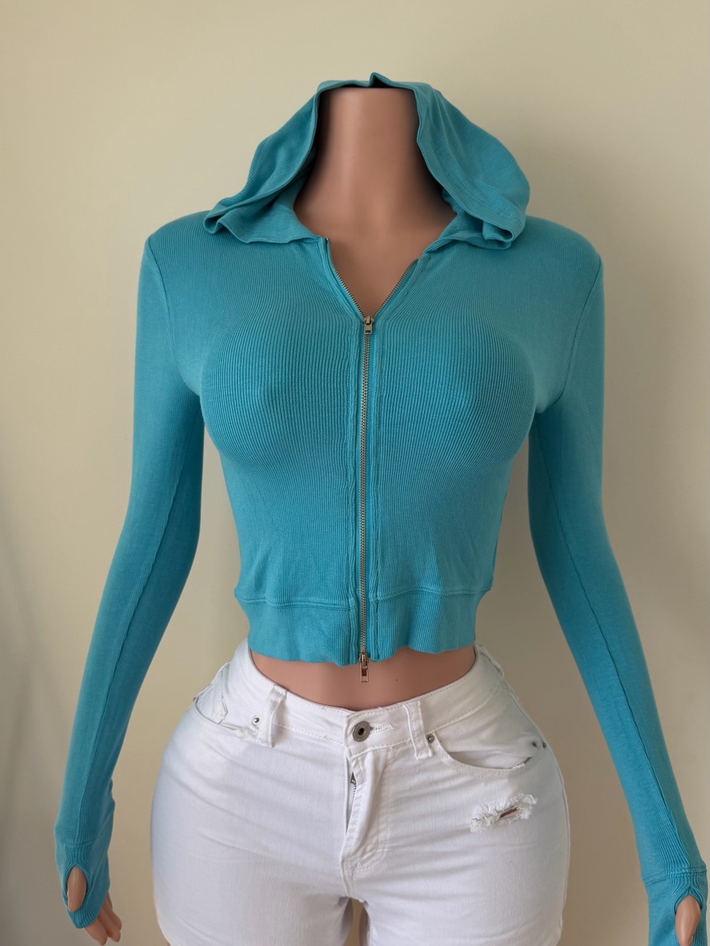 Cropped Zip-Front Hoodie in Teal